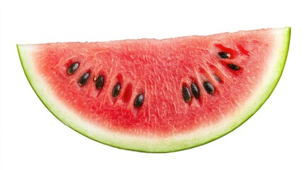 A slice of watermelon with seeds on a white background.