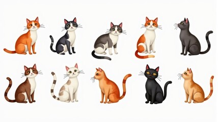 Fototapeta premium Colorful Cat Illustrations in Various Poses - Cute Cartoon Cats Collection for Posters, Greeting Cards, and Children's Books