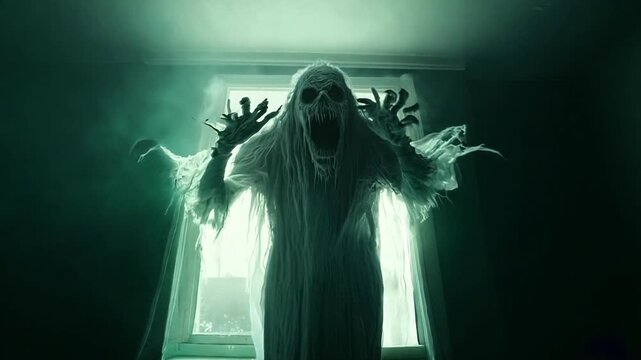 Green smoke ghost comes flying in a window in a dark room in a contemporary home for Halloween meme.