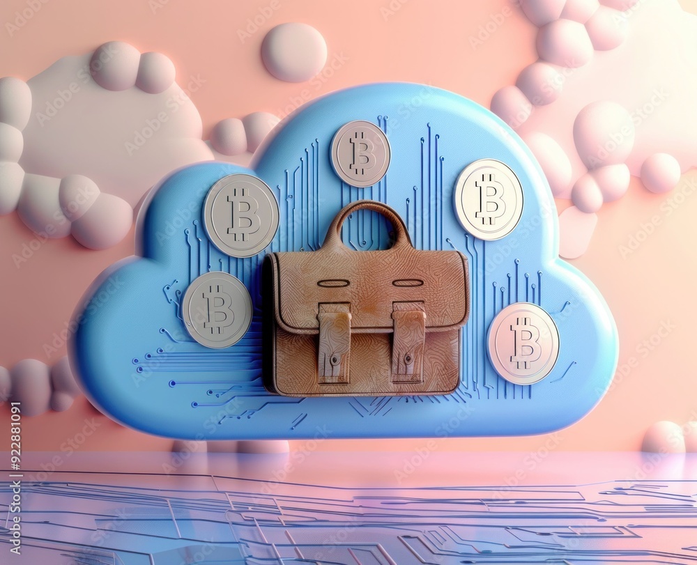 Poster conceptual 3d illustration of a briefcase floating on a cloud with bitcoin symbols symbolizing innov