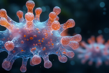 Obraz premium Detailed 3D rendering of a virus molecule with prominent red spike proteins, emphasizing its structure against a dark, blurry background. 
