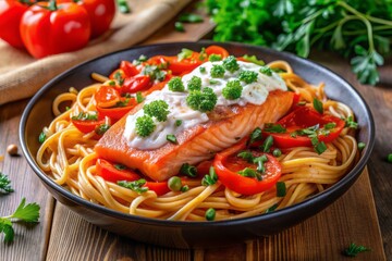 Freshly cooked salmon fillet atop a vibrant roasted red pepper pasta dish, tossed with creamy goat cheese and garnished with fresh parsley and thyme.