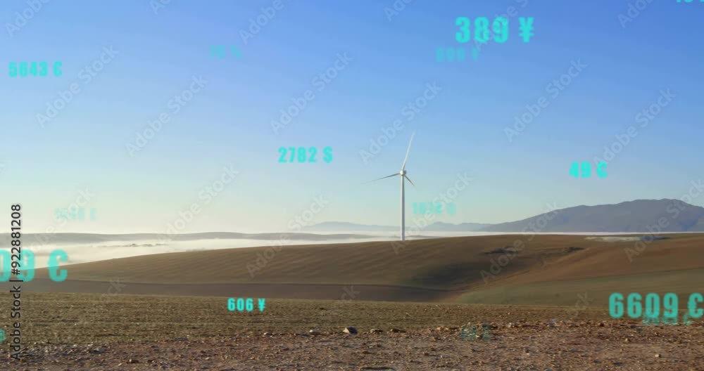 Poster wind turbine in field with currency and temperature data animation over landscape