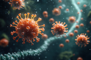 Fototapeta premium Detailed 3D rendering of a virus molecule with prominent red spike proteins, emphasizing its structure against a dark, blurry background. 
