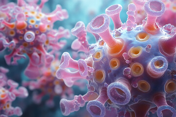 Vivid 3D rendering of virus molecules with pink and blue hues, highlighting detailed spikes and cellular structure in a vibrant setting.
