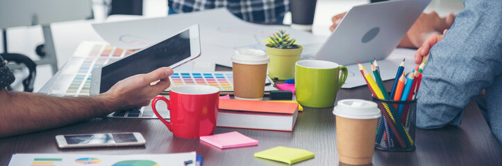 Banner Diversity multiethnic team group of business people Present meeting conference room brainstorm. Multicultural Teamwork collaborate team people meeting together trust partner with copy space.