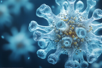 Obraz premium Vivid 3D rendering of virus molecules with pink and blue hues, highlighting detailed spikes and cellular structure in a vibrant setting. 