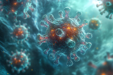 Detailed 3D rendering of a virus molecule showcasing its spiked protein structure, highlighting biological details against a blurred background.
