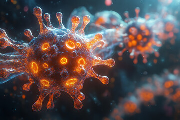 Fototapeta premium Detailed 3D rendering of a virus molecule showcasing its spiked protein structure, highlighting biological details against a blurred background. 