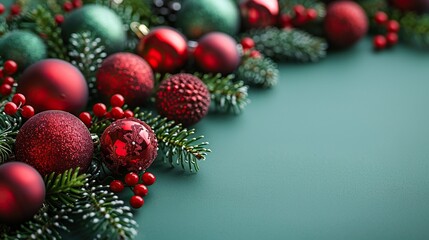 red,green christmas decorations on light green background christmas frame flat lay top view copy space.