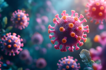 Fototapeta premium Detailed 3D rendering of a virus molecule showcasing its spiked protein structure, highlighting biological details against a blurred background. 