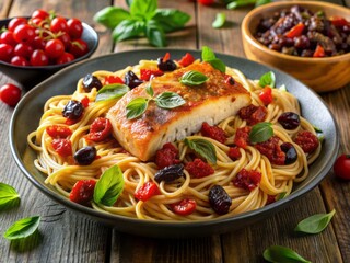 Vibrant pasta dish featuring seared salmon, roasted red pepper sauce, sun-dried tomatoes, Kalamata olives, and fresh basil, garnished with parmesan cheese and a drizzle of olive oil.