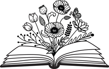 Drawing flowers on opened book with editable strokes. Vector illustration.