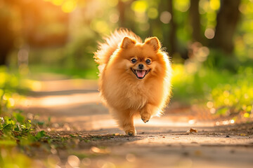 Fototapeta premium A Fluffy Happy Pomeranian Dog with a Vibrant Orange Backdrop, Running Joyfully Through Sunlit Pathway, Surrounded by Greenery, Embodying Happiness and Vitality in a Picturesque Natural Setting