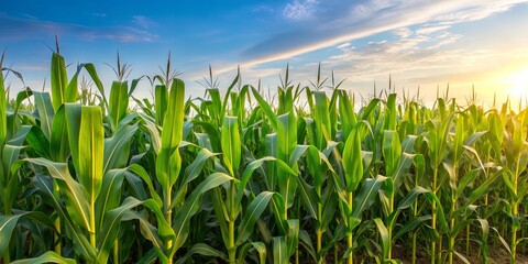 Fototapeta premium Corn field with tall stalks and green leaves , agriculture, crop, farming, plants, agriculture industry, summer, rural