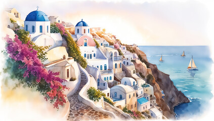 Greek architecture overlooking the sea. Watercolor illustration of a Mediterranean village.