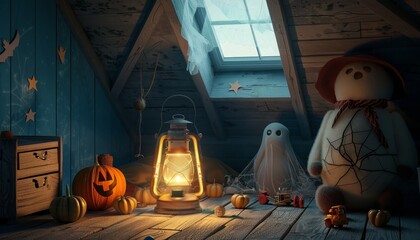 Spooky Halloween Attic with Lantern, Pumpkins, and Ghostly Figures