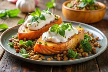 Vibrant sweet potatoes overflowing with flavorful salmon and lentil mixture, topped with a dollop of refreshing Greek yogurt and a sprinkle of fresh mint leaves.