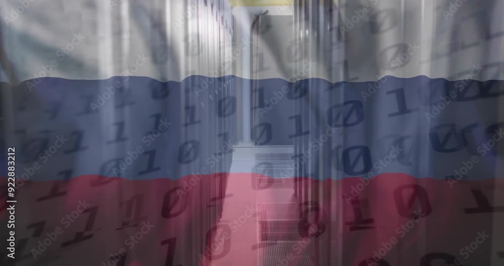 Poster binary code and russian flag animating over server room in data center
