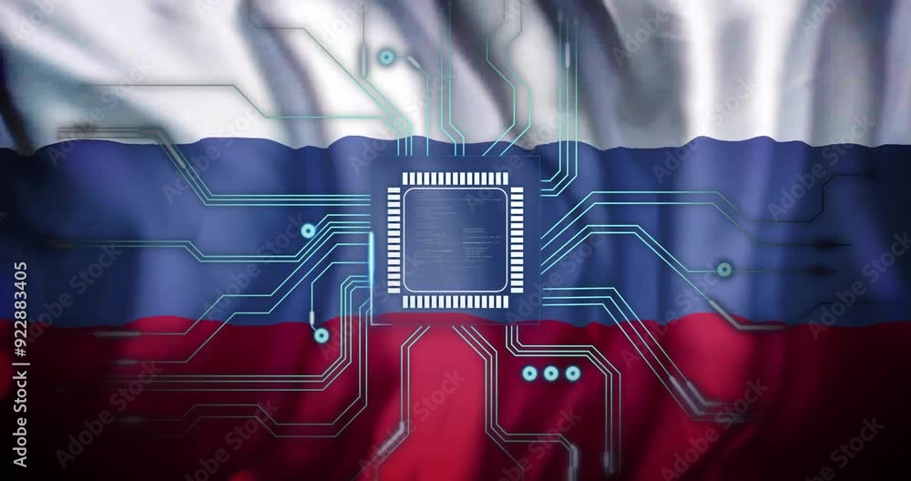 Poster animating circuit board and microchip over russian flag