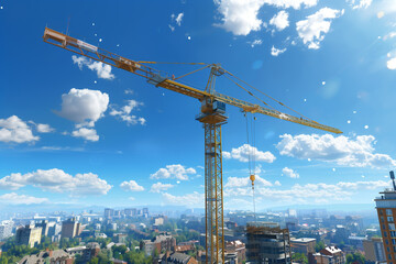 Naklejka premium A large yellow construction crane towering above a bustling cityscape under a clear blue sky with scattered clouds and vibrant urban backdrop