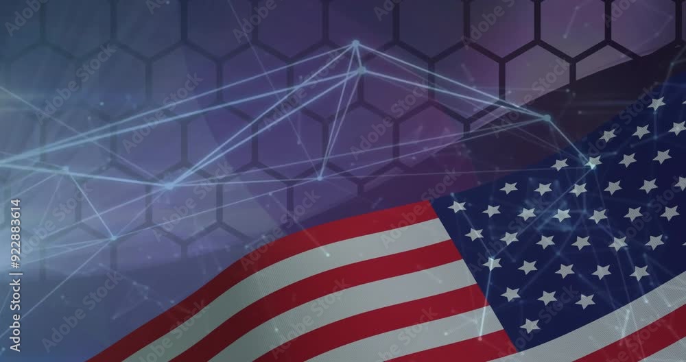 Poster American flag with network connections and data processing over hexagonal background