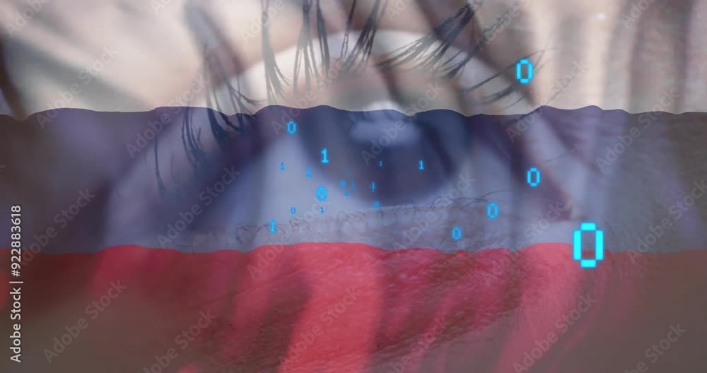 Poster binary code animation over close-up of eye with russian flag colors