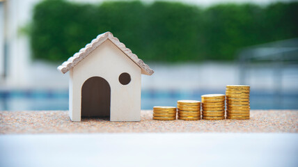 Finance Plan coin stack hands protect Debt loan Home financial plan coin stack concept. Investment plan stack gold money wealth bank. Financial advice planning budget investment insurance concept