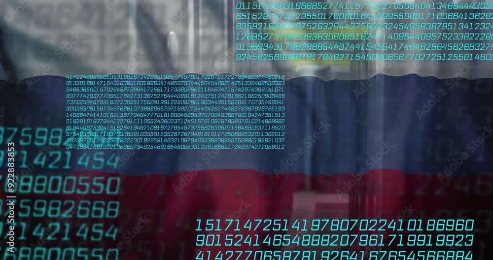 Poster digital data and binary code animation over russian flag background