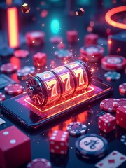 Online Casino Gaming with Slot Machine and Chips Exploding from Laptop
