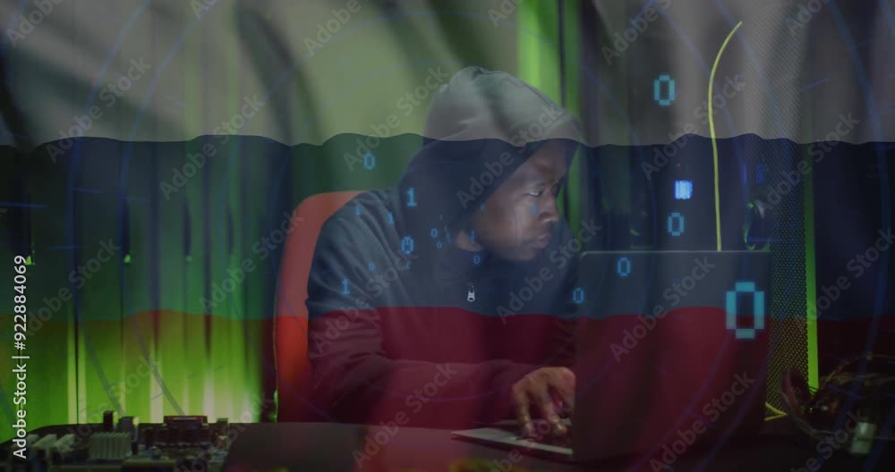Poster hacker typing on laptop with binary code and russian flag animation overlay