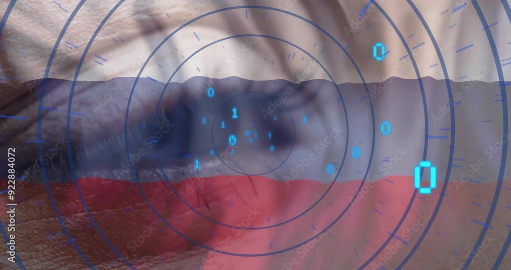 Poster binary code animation over close-up of human eye and russian flag
