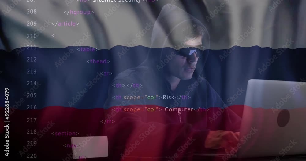 Poster hacker in hoodie and sunglasses typing over russian flag and code animation