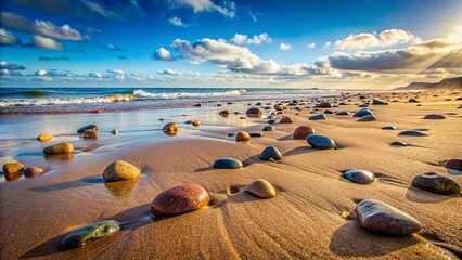 Rocks scattered on a sandy beach, beach, rocks, pebbles, shore, coastline, nature, outdoors, summer, tranquility, peaceful
