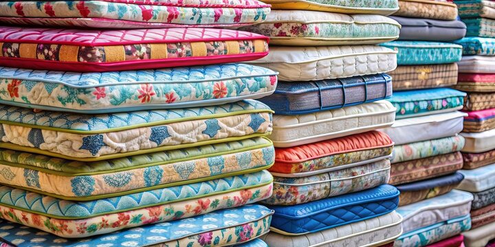 A stack of vibrant, worn mattresses , colorful, old, pile, stacked, mattresses, layers, pattern, texture, comfort