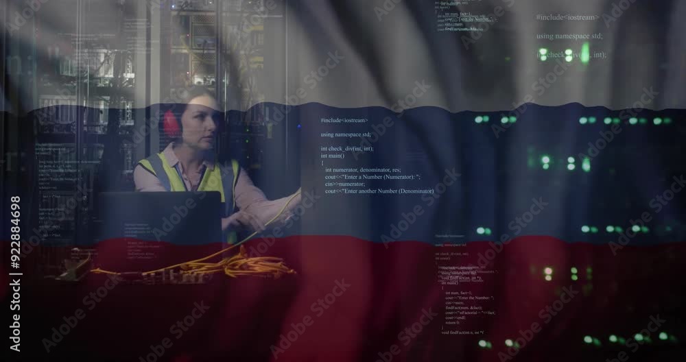 Poster computer code and data processing animation over woman working in server room