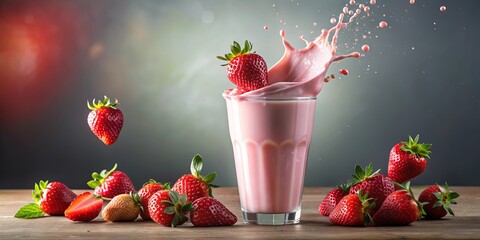 Strawberry milk shake overflowing from glass, with fresh strawberries on top, strawberry, milkshake, drink, sweet, delicious