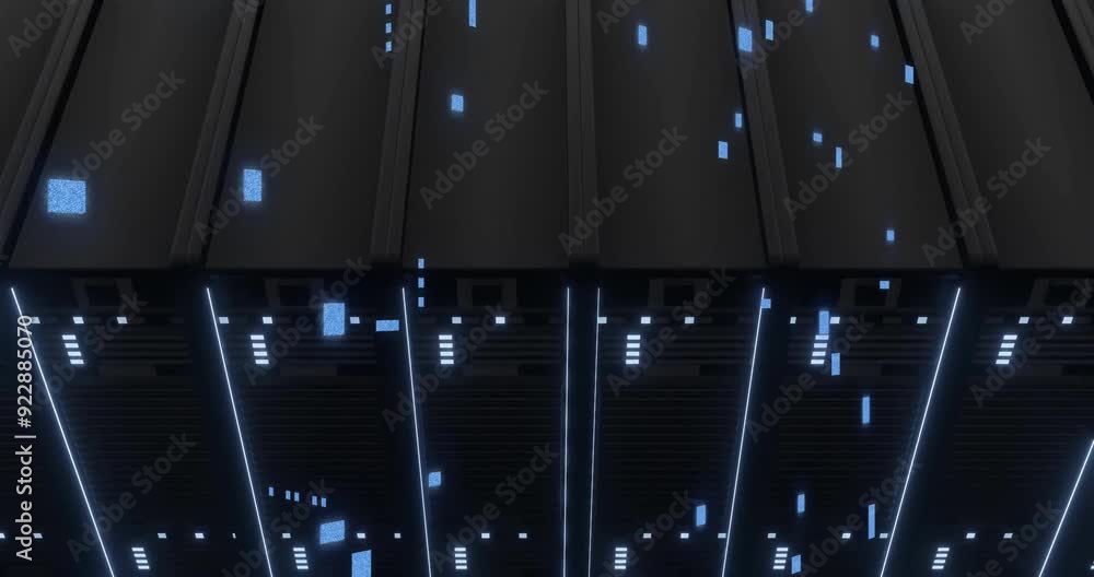 Poster brain icon and data processing animation over server racks in data center