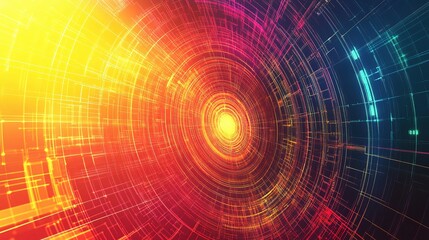 Obraz premium Abstract Technology Tunnel: A vibrant and dynamic abstract background featuring a mesmerizing tunnel of glowing digital lines, radiating a futuristic and technological aura. 