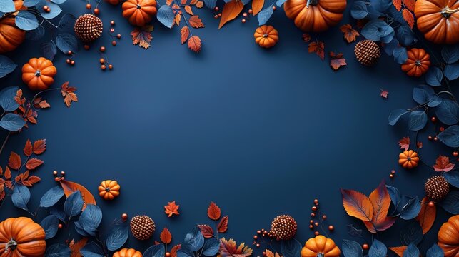 pumpkins with autumn leaves on dark blue background thanksgiving banner design.