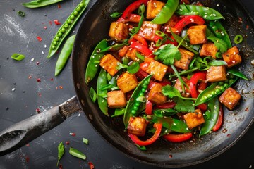 Top-down view of colorful teriyaki tofu stir-fry with bell peppers and snap peas in a wok, with a neutral background.Teriyaki soy sauce.Asian cuisine.Teriyaki.Teriyaki chicken.