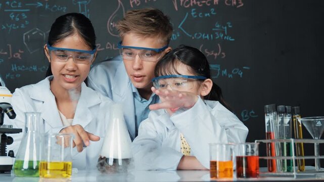 Girl looking at beaker while doing experiment at blackboard with chemistry theory in STEM class. teacher and group of high school student with mixed races doing science activity together. Edification