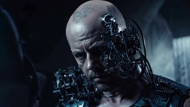 Zooming in on a human Cyborg man with beard with electronics patched into half of his face in the dark.