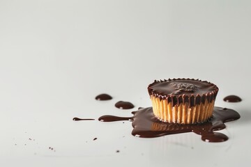 Peanut butter cups.Peanut butter.Dark chocolate.Traditional American candy.A peanut butter cup with melting chocolate dripping down the sides, placed on a clean white surface