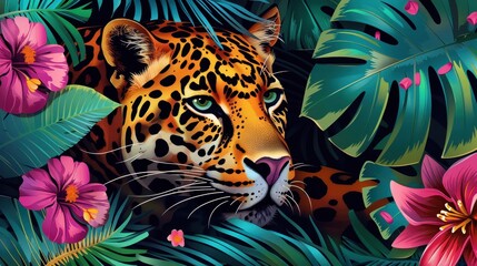 Obraz premium A leopard is lounging quietly among lush green leaves and bright tropical flowers under sunlight
