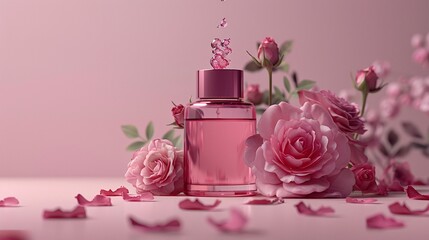 cosmetic bottles jars of cream serum with rose buds,petals on light pink background skin care concept.