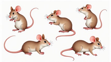 Cute Cartoon Mice Illustrations - Set of 5 Adorable Mouse Characters for Kids' Educational and Design Projects.