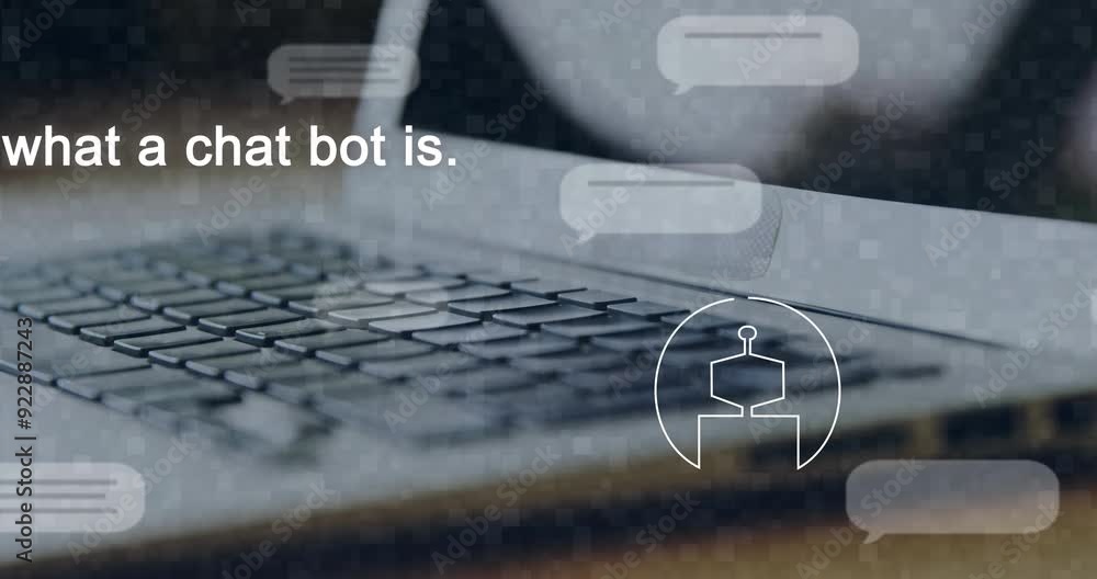 Poster animating chat bots over laptop keyboard with speech bubbles in colorful background