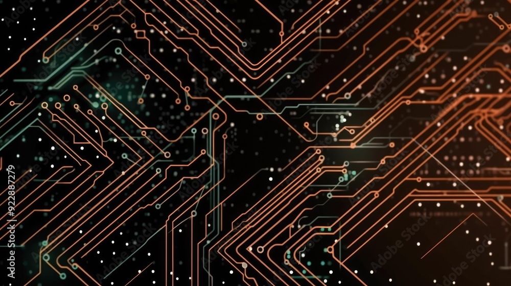 Poster close-up of a complex printed circuit board, highlighting the intricate pathways and electronic comp