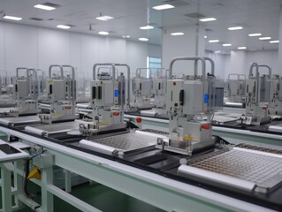 A sterile, modern factory floor with rows of machines, showcasing advanced manufacturing processes.
